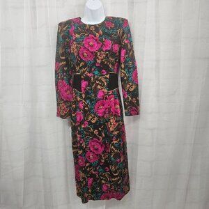 Vintage SGS Studio Dress Black Pink Floral Retro Midi Goth Whimsigoth 8T